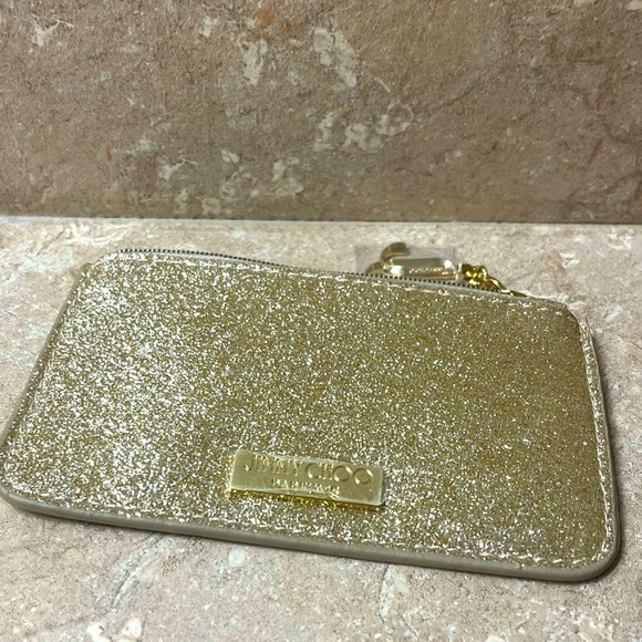 Jimmy Choo Gold Glitter Mini Wallet Coin Card ID Pouch Charm Logo - Picture 2 of 12
